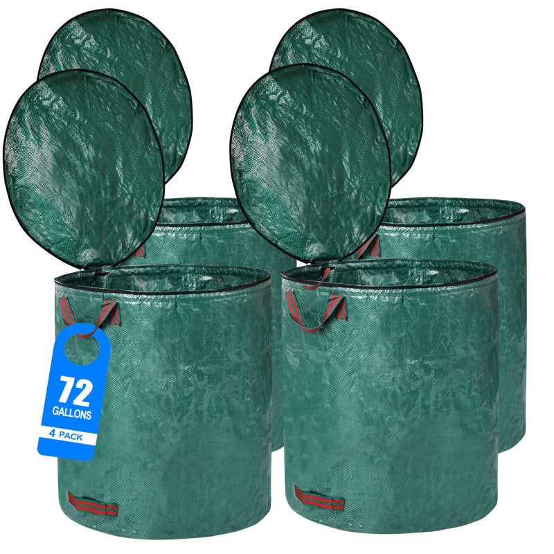 Pilntons 4 Pack 72 Gallons Reusable Yard Waste Bags with Lid Extra Large Lawn Leaf Bags Heavy Duty with 4 Handles Garden Waste Bags Container for Clean Up Outdoor Debris Leaves Grass Clippings - Image 1